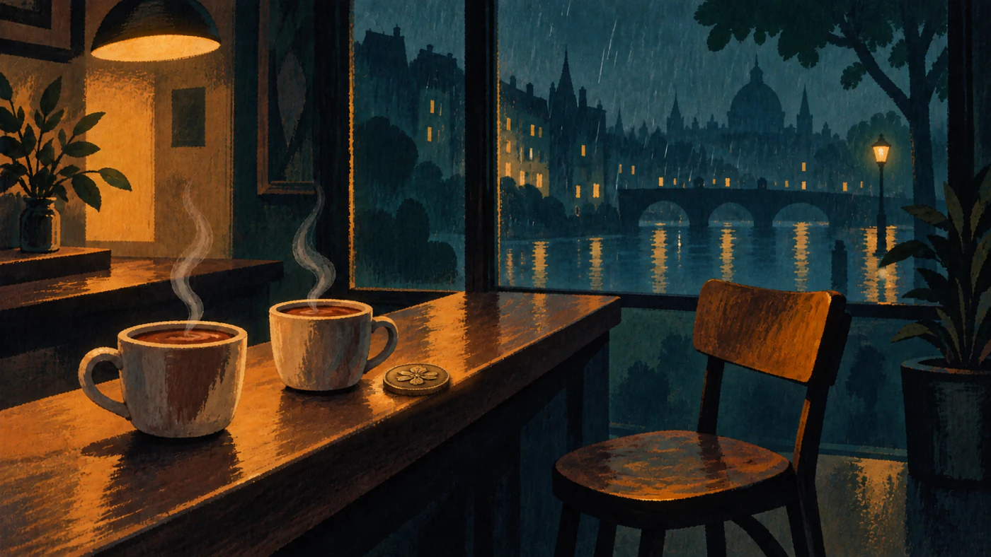 ภาพวาดเก้าอี้ว่าง โกโก้สองแก้วและเหรียญเก่าบนเคาน์เตอร์คาเฟ่ในคืนฝนตก