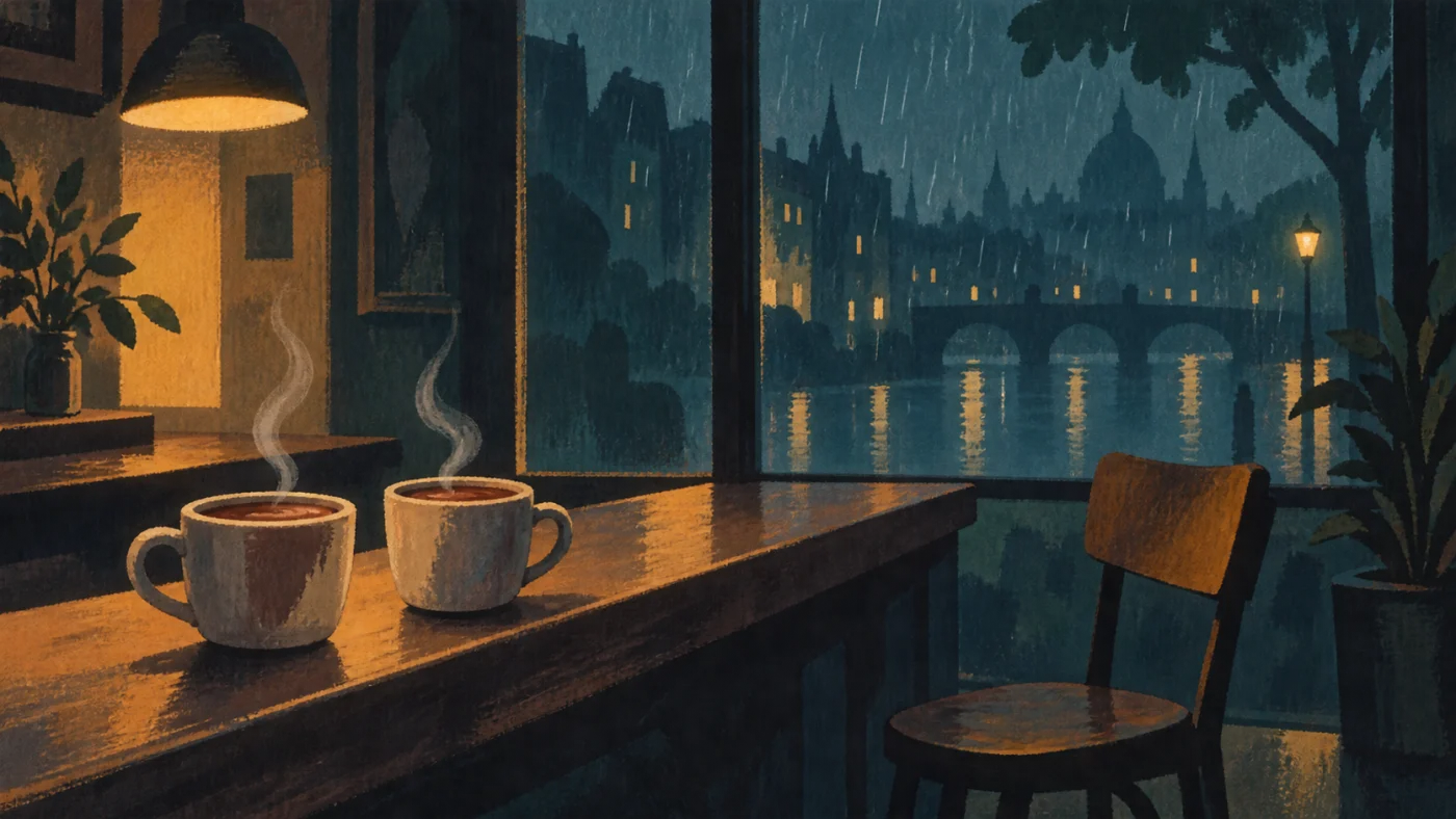 ภาพวาดคาเฟ่ในคืนฝนตก มีโกโก้สองแก้วและเก้าอี้ว่างริมหน้าต่าง